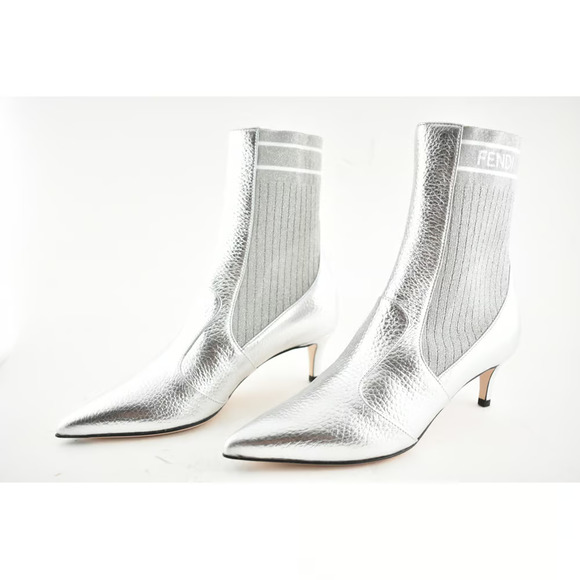 Fendi Rockoko Silver Scuba Stretch FF Logo Knit Sock Ankle Kitten Heel Bootie 36 - Picture 11 of 12
